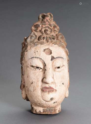 A CARVED POLYCHROME WOOD HEAD OF GUANYIN