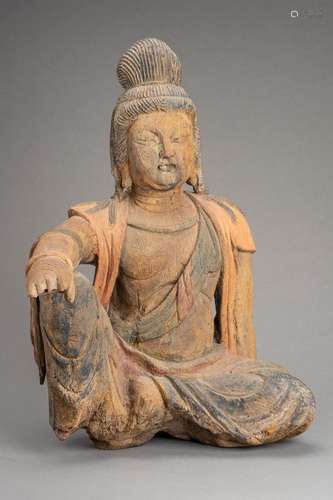 A LARGE POLYCHROME WOOD MODEL OF GUANYIN