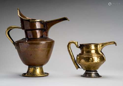 A PARCEL-GILT COPPER \'MONK\'S CAP\' EWER AND A BRASS EWER, ...