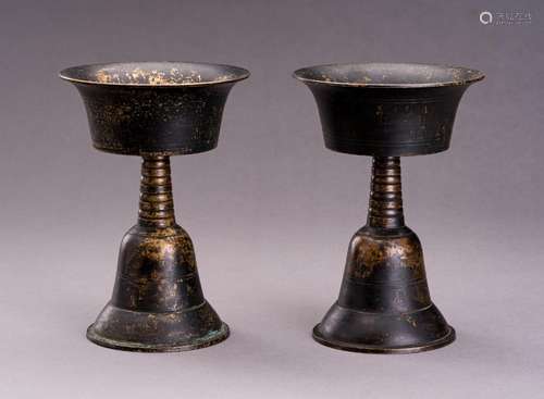 TWO LARGE TIBETAN BRONZE BUTTER LAMPS