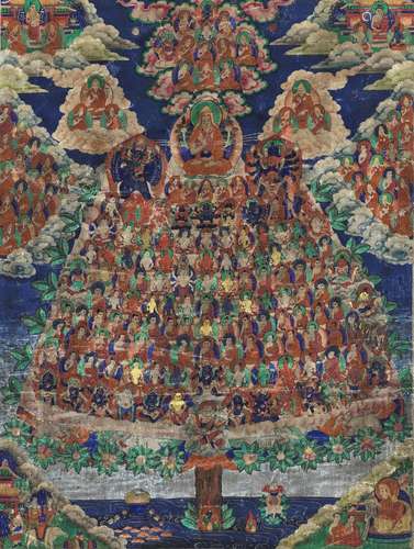 A THANGKA OF TSONGKHAPA AND THE GELUGPA REFUGE TREE, 19TH CE...