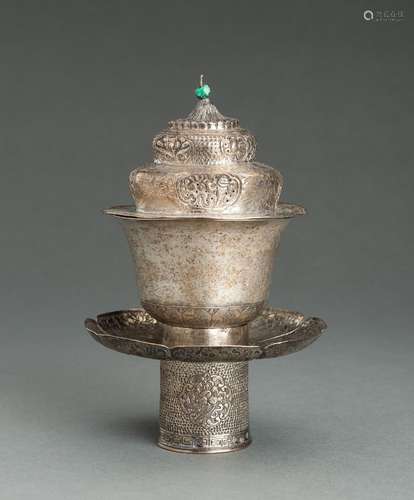 A TIBETAN SILVER BUTTER TEA SET, 19th CENTURY