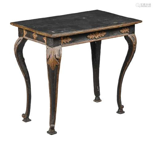 AN ITALIAN CARVED AND BLACK PAINTED, AND PARCEL GILT SIDE TA...