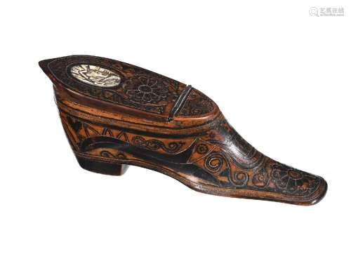 A BOXWOOD AND INLAID SNUFF BOX IN THE FORM OF A SHOE