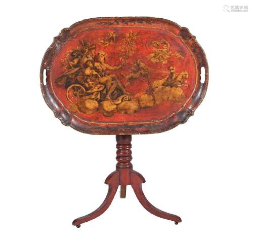 A RED JAPANNED AND GILT DECORATED TRAY TOPPED TABLE