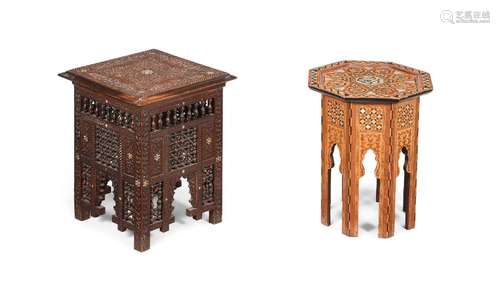 Y TWO MOORISH MIXED WOOD AND MOTHER OF PEARL INLAID TABLES