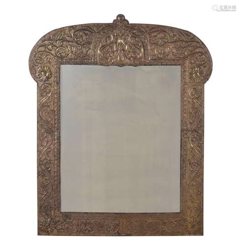 A MOORISH EMBOSSED BRASS WALL MIRROR