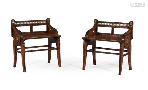 A MATCHED PAIR OF AESTHETIC MOVEMENT OAK AND BRASS MOUNTED H...