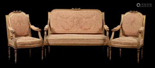 A SUITE OF GILTWOOD AND UPHOLSTERED SEAT FURNITURE IN LOUIS ...