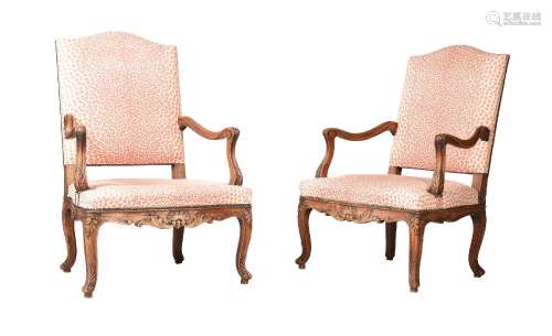 A PAIR OF BEECH ARMCHAIRS IN LOUIS XVI STYLE