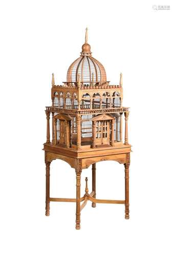 A STRIPPED SOFTWOOD BIRDCAGE ON STAND