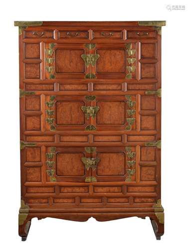 A KOREAN ELM, BURR ELM, AND GILT METAL MOUNTED CHEST OF DRAW...