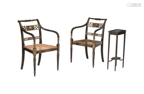 A PAIR OF REGENCY EBONISED, GILT AND POLYCHROME PAINTED ARMC...