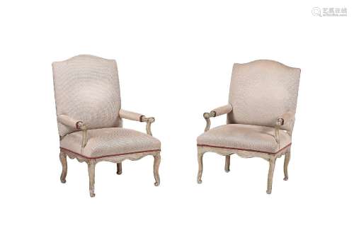 A PAIR OF FRENCH SILVER PAINTED WOOD ARMCHAIRS