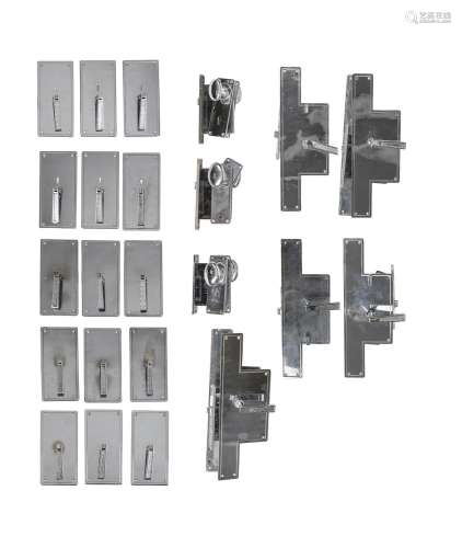 A LARGE COLLECTION OF CHROMED METAL HANDLES, LOCKS, AND DOOR...
