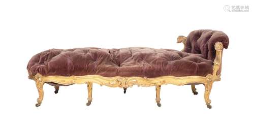 A VICTORIAN GILTWOOD AND VELVET UPHOLSTERED CHAISE LONGUE OR...