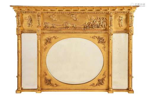 A GILTWOOD AND COMPOSITION OVERMANTEL WALL MIRROR IN REGENCY...