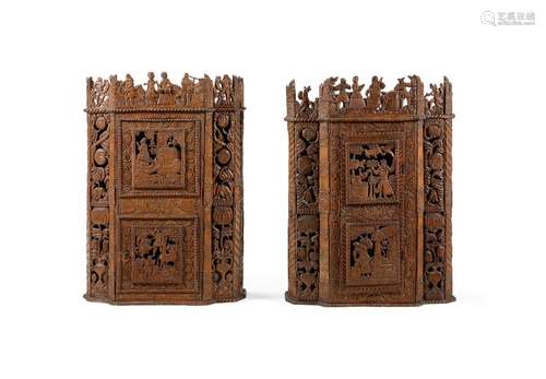 TWO SIMILAR CARVED PEARWOOD AND FRUITWOOD WALL CABINETS IN J...