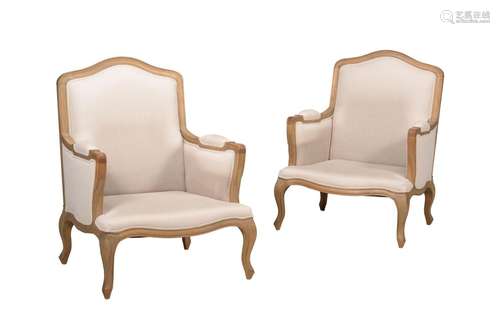 A PAIR OF BEECH AND LINEN UPHOLSTERED ARMCHAIRS IN FRENCH ST...