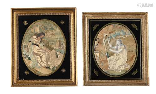 TWO SIMILAR REGENCY SILKWORK PICTURES