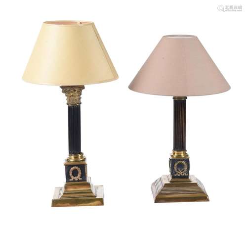 TWO SIMILAR GILT AND PATINATED METAL TABLE LAMPS IN EMPIRE S...