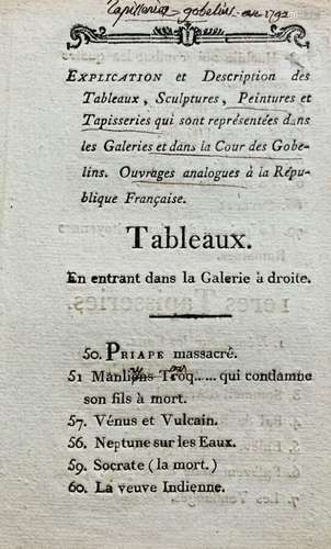 [GOBELINS]. Imprimé de 4 pp. In-8, [1792]. " Se trouve ...