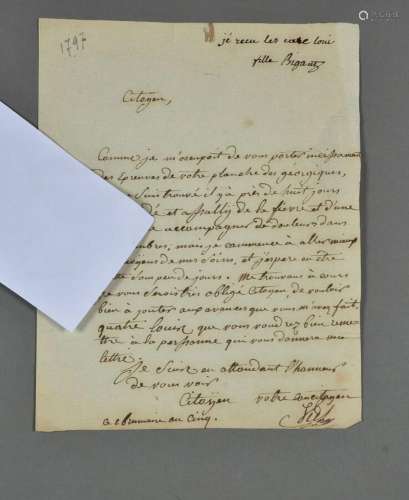 Pierre VIEL (1755-1810), graveur.<br />
Lettre autographe si...