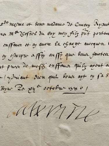 CATHERINE DE MÉDICIS (1519-1589).<br />
Lettre signée "...