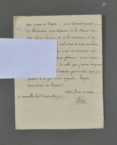 LOUIS XV, roi de France.<br />
Lettre signée à " ma soe...