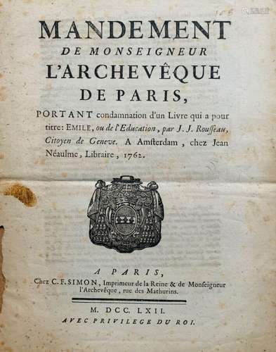 [Jean-Jacques ROUSSEAU]. Brochure de 8 pp. In-4 [sur 20]. Im...