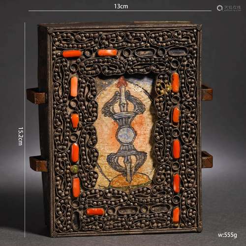 A Tibetan Hardstones Inlaid Bronze Amulet Box