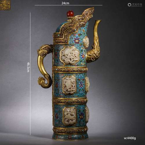 A Carved Jade Inlaid Cloisonne Enamel Tibetan Ewer