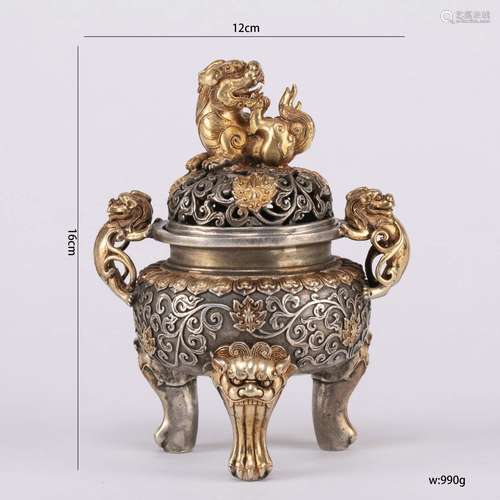 A Silver Partly Gilt Incense Burner