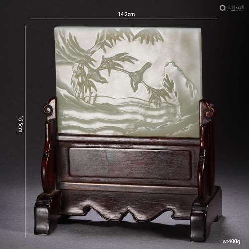 A Chinese Carved White Jade Table Screen