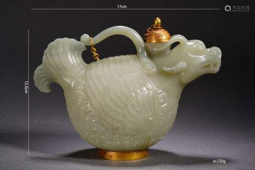 A Chinese Carved Celadon Jade Mythical Beast Ewer