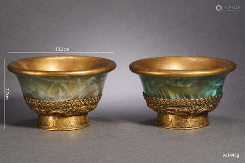 Pair Tibetan Bronze-gilt Mounted Bowls