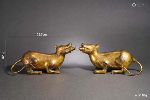 Pair Tibetan Bronze-gilt Mongooses of Jambhala