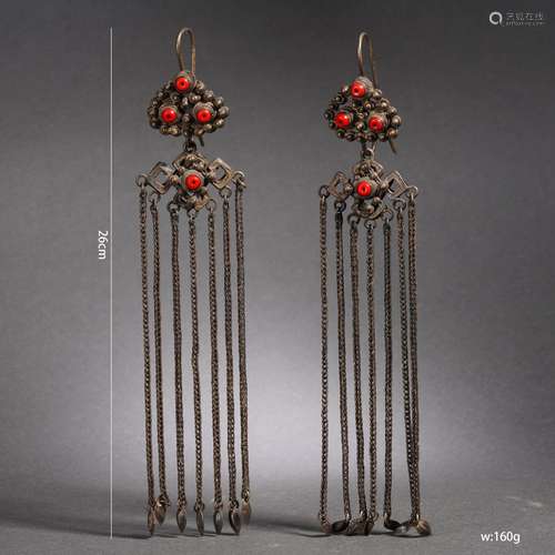 Pair Tibetan Hardstones Inlaid Silver Earrings