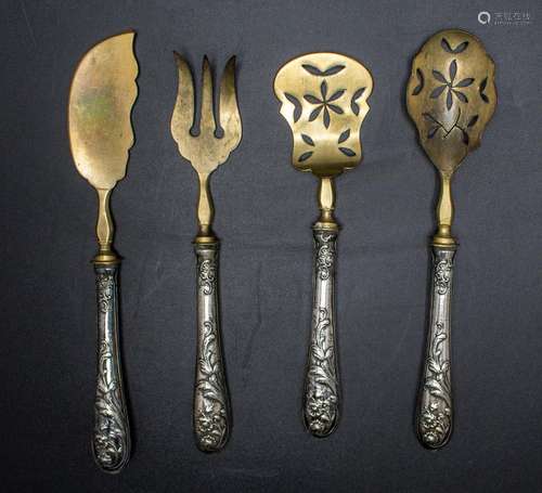 4 Teile Jugendstil Vorlegebesteck / A set of 4 pieces of sil...