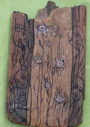 Holzplatte \'Blumen und Gesichter\' / A wooden panel \'Flowe...