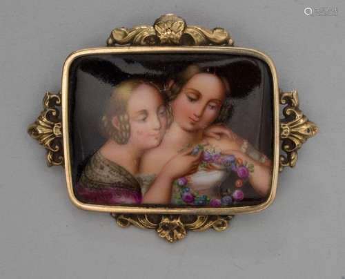 Biedermeier-Brosche mit Porzellanmalerei \'Zwei junge Damen ...