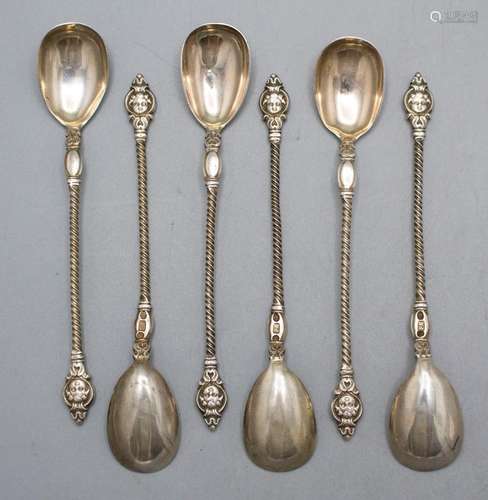 6 Löffel mit Putto-Kopf / 6 silver spoons with cherub head, ...