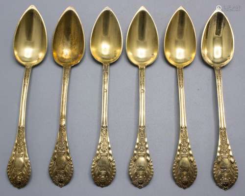 6 Vermeil Teelöffel mit Ritterrüstung / 6 silver tea spoons ...