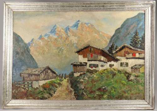 E. Ritter (20. Jh.), \'Berghütte vor Alpenpanorama\' / \'An ...