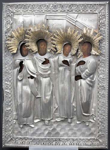 Ikone \'Heilige\' mit Silber-Oklad / An icon \'with saints\'...