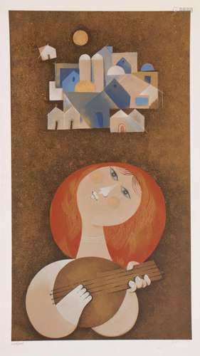 Samuel Briss (*1930), \'Frau mit Mandoline vor orientalische...