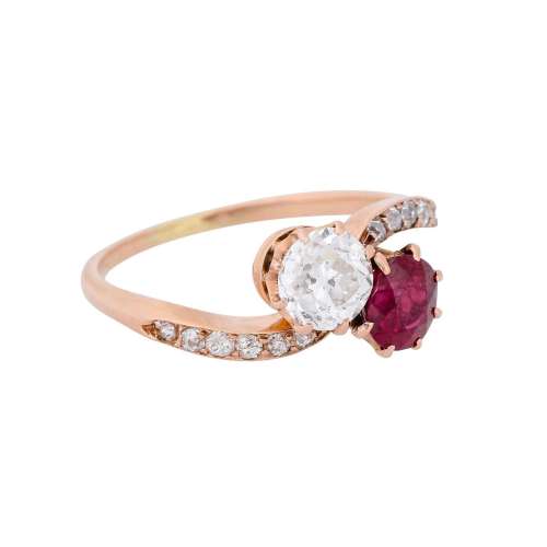Ring with ruby and old cut diamond ca. 0,7 ct,