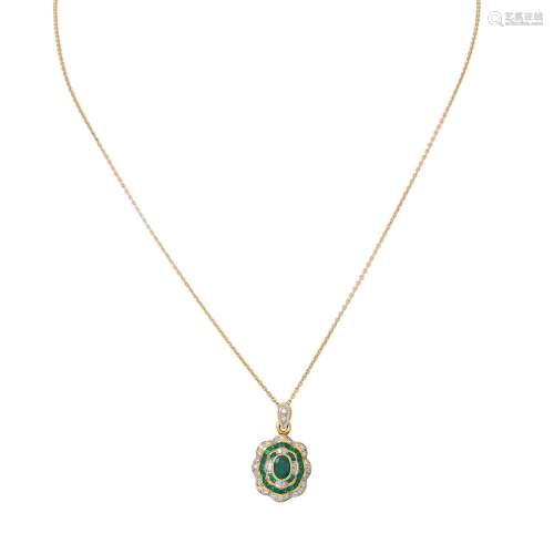 Pendant with emeralds and diamonds total ca. 0,15 ct,