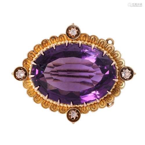 Brooch with amethyst and 4 diamond roses, ca. 0,1 ct,