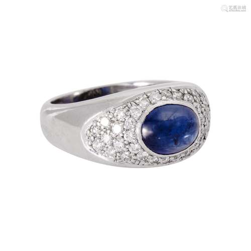 Band ring with sapphire cabochon surrounded by diamonds tota...